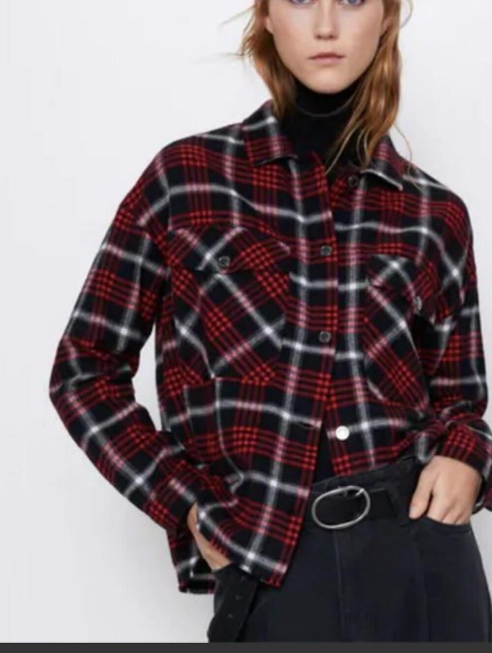 ZARA Raw Hem Plaid Flannel Cropped Overshirt Medium